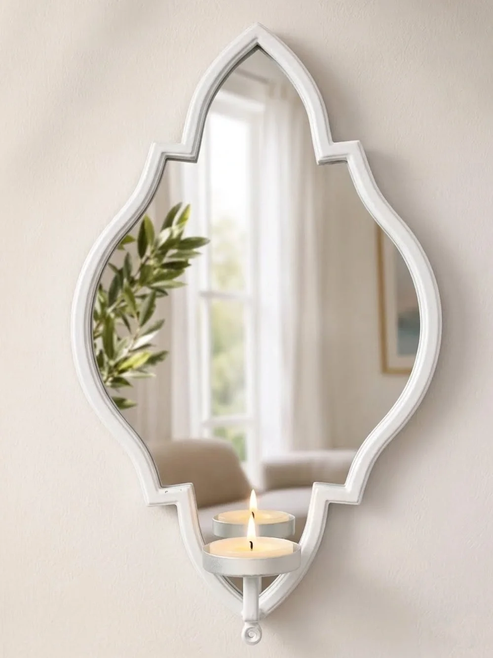 Pottery Barn Style Mirrored White 18” Wall Sconce & Candle Holder